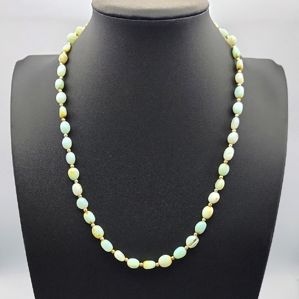 Natural Peru Blue Opal Gems 6 to 8mm Smooth Nugget Beads 17" Silver Necklace - Picture 2 of 11